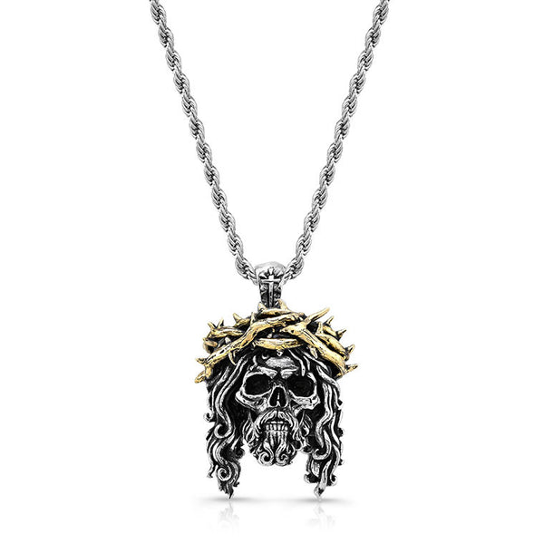 Chuey Quintanar Stainless Steel w/ Two Tone Gold Plate Jesus Skull - 25 In  Rope Chain Necklace