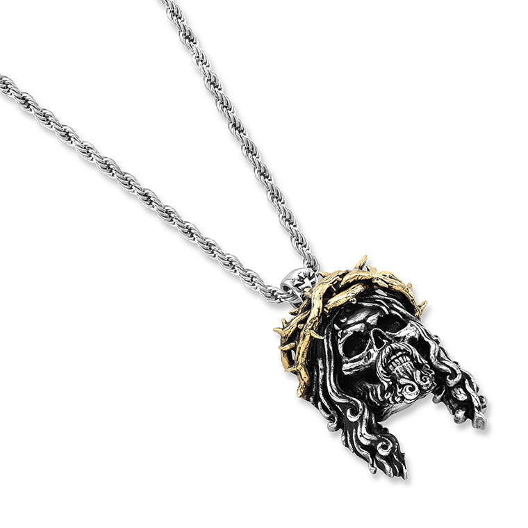 Chuey Quintanar Stainless Steel w/ Two Tone Gold Plate Jesus Skull - 25 In  Rope Chain Necklace